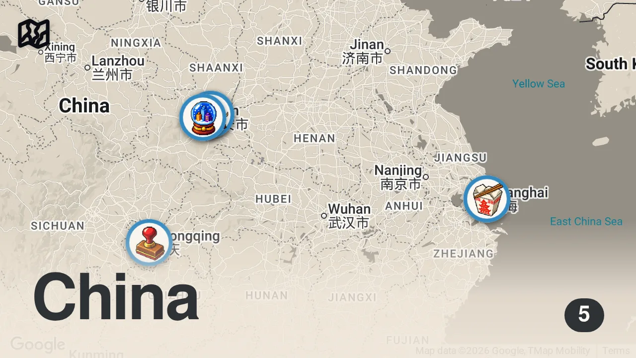 Map of 5 spots from I Tried China’s Best Street Food