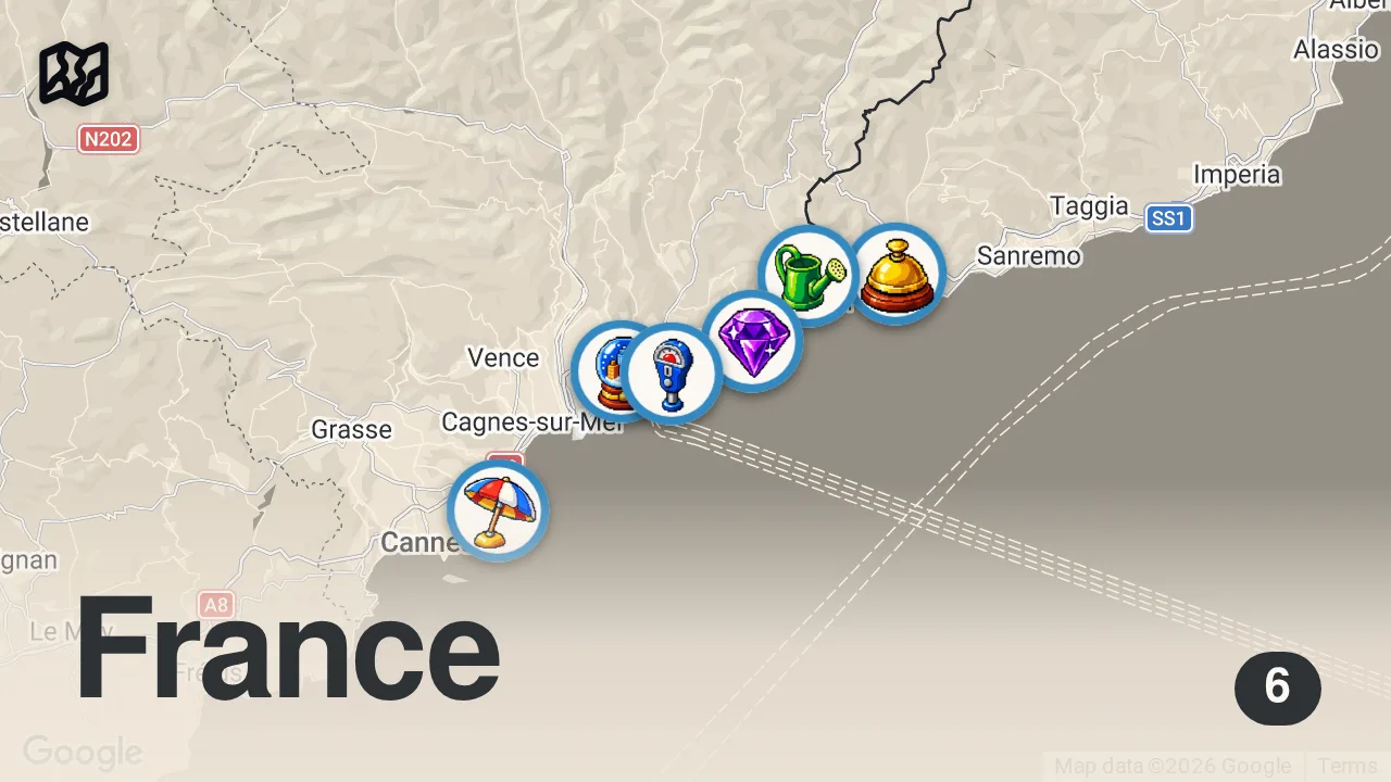 Map of 6 spots from Ultimate One Week Itinerary French Riviera | Top places to visit South of France