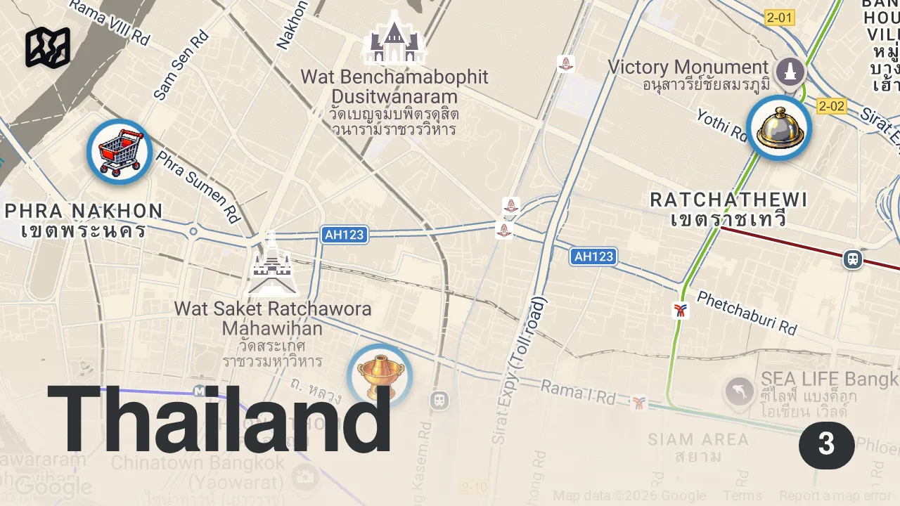 Map of 3 spots from Thai Street Food - $1 VS $150 Thai Curry in Bangkok!!