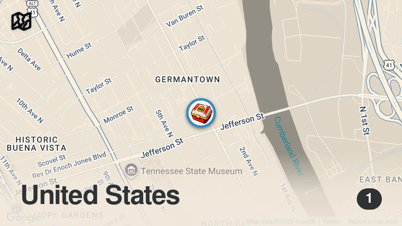 Map of 1 spot from Eating at The Most VIRAL Burger Restaurant In Nashville...