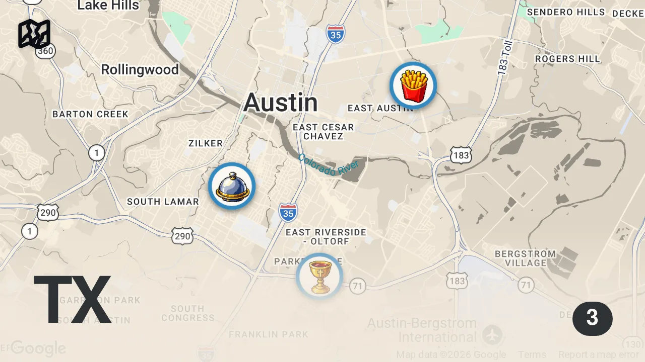 Map of 3 spots from Eating at Fast Food Restaurants I've Never Heard Of For 24 Hours (Texas)