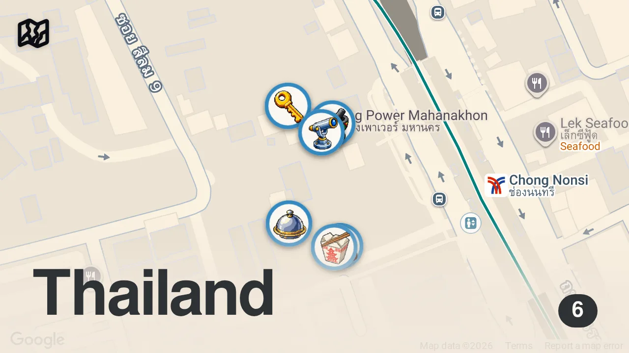 Map of 6 spots from 24 Hours Inside Bangkok’s $1 Billion Megascraper