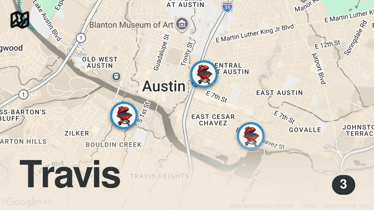 Map of 3 spots from I Tried The MOST Famous BBQ Restaurants in Austin Texas! - Worth it?