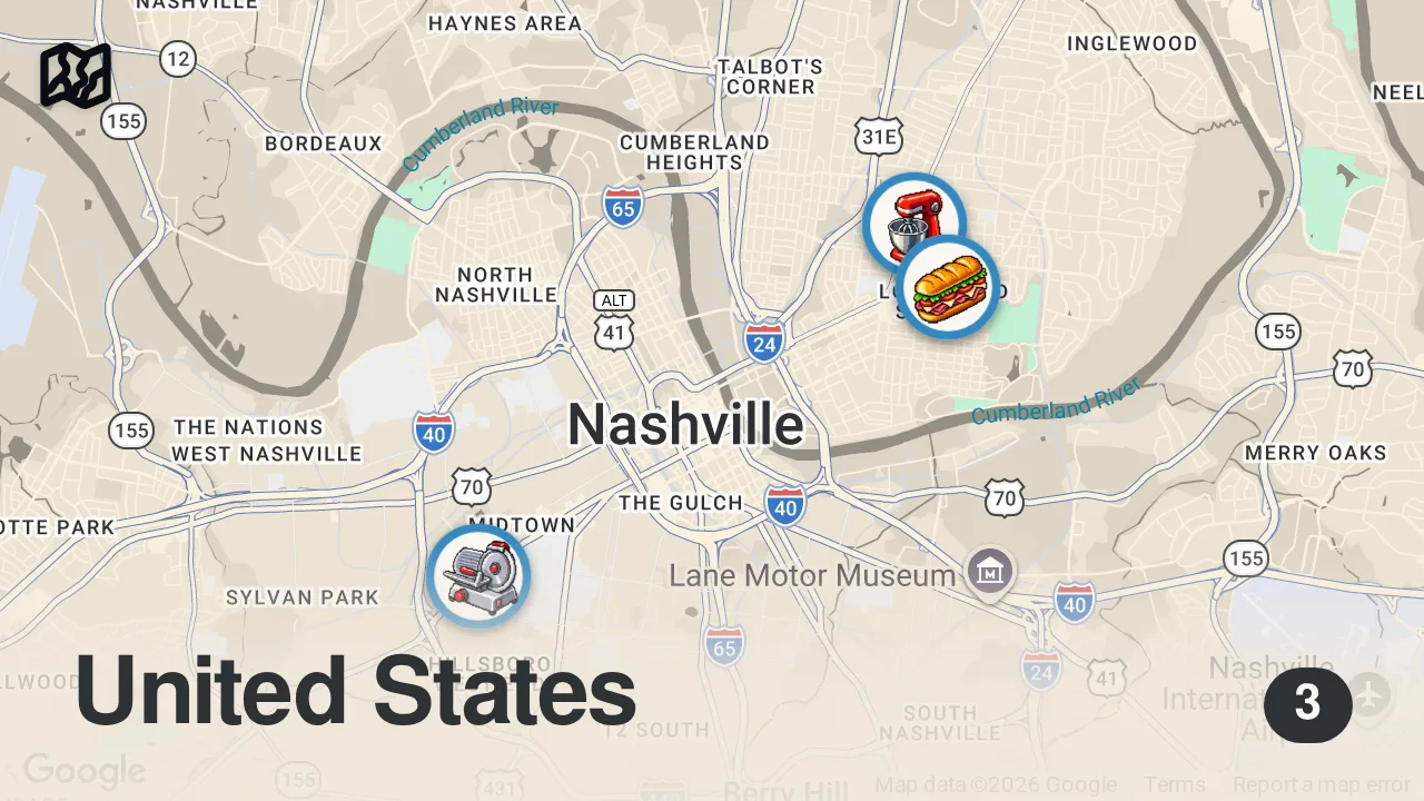 Map of 3 spots from The Ultimate Sandwich Showdown TOP 3 in Nashville