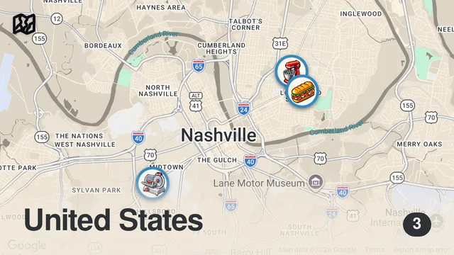 Map of The Ultimate Sandwich Showdown TOP 3 in Nashville