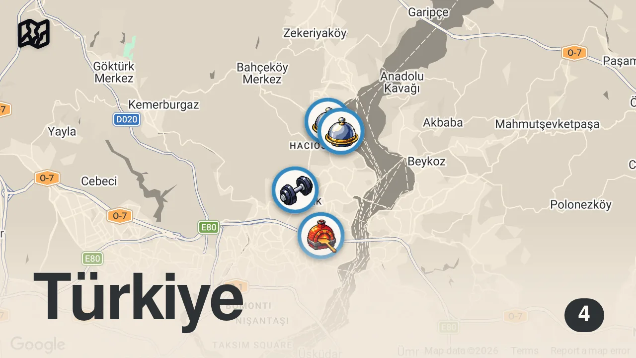 Map of 4 spots from SARIYER LEZZET REHBERİ (20 gr proteinli donut ve tiramisu yedik) - Ayaküstü Lezzetler