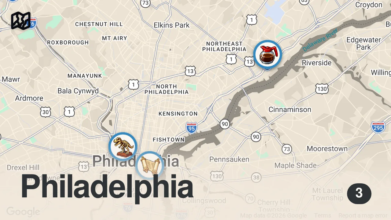 Map of 3 spots from Perfect Day in Philadelphia: 15+ Must-See Landmarks and Eats