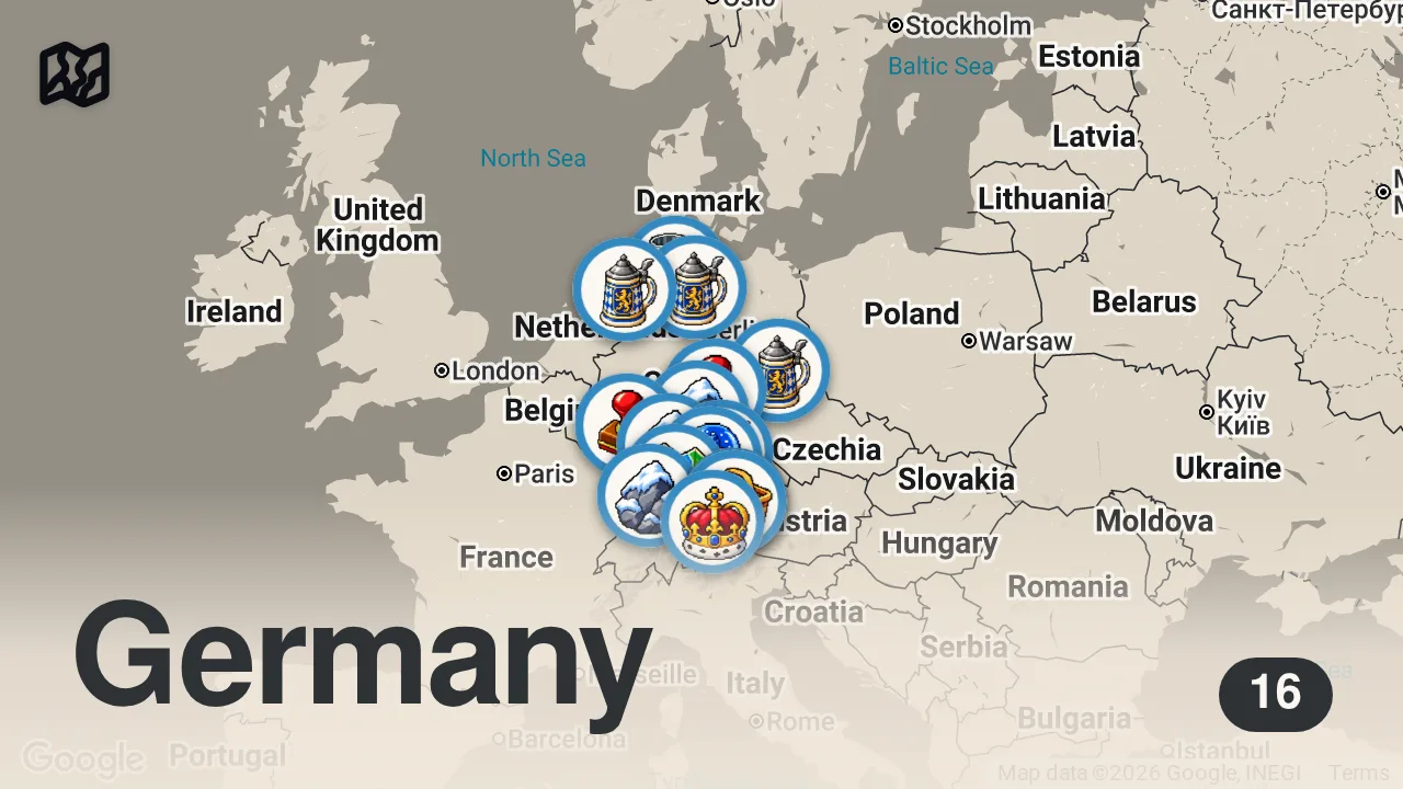 Map of 16 spots from 15 deutsche Gerichte, die du gern schon früher entdeckt hättest!