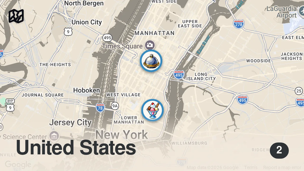 Map of 2 spots from Only eating at restaurants in New York City with NO LINES #shorts