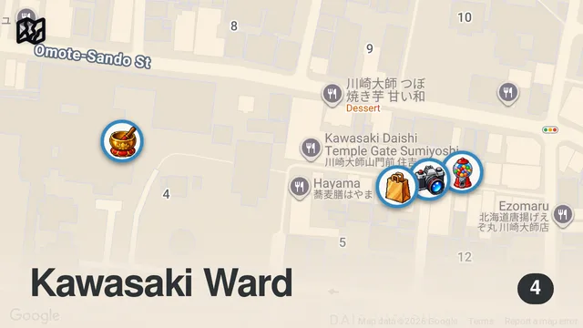 Map of 【川崎大師】初詣のグルメ攻略ガイド（生わらび餅や漬物カレーなど食べ歩き）
