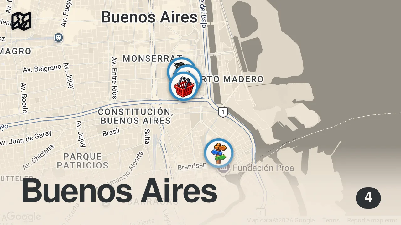 Map of 4 spots from What to do in Buenos Aires, Argentina | San Telmo & La Boca City Guide