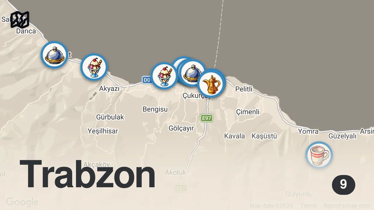 Map of 9 spots from TRABZON’DA BİR GÜNDE NE YENİR!!!