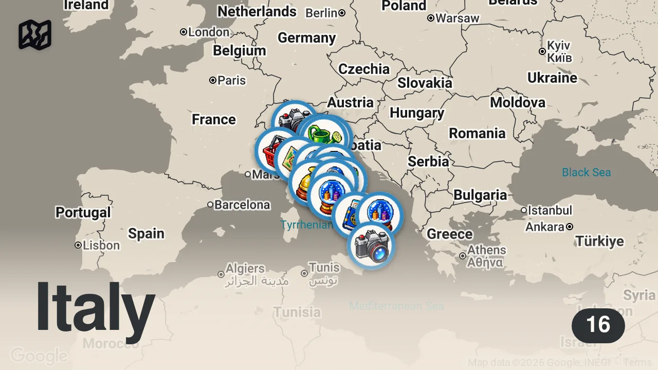 Map of 16 spots from This is the ONLY WAY to Visit ITALY on a Budget in 2026