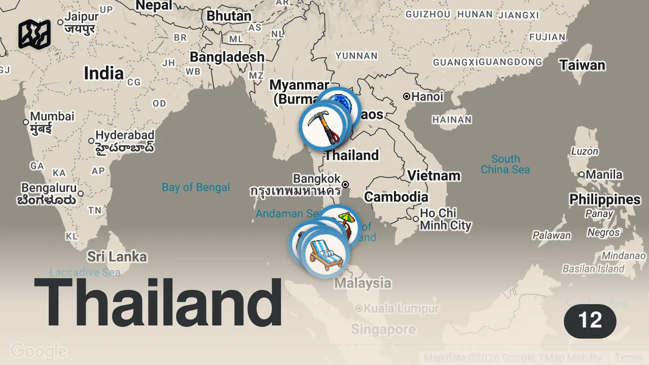Map of 12 spots from Top 10 Places To Visit in Thailand - Travel Guide