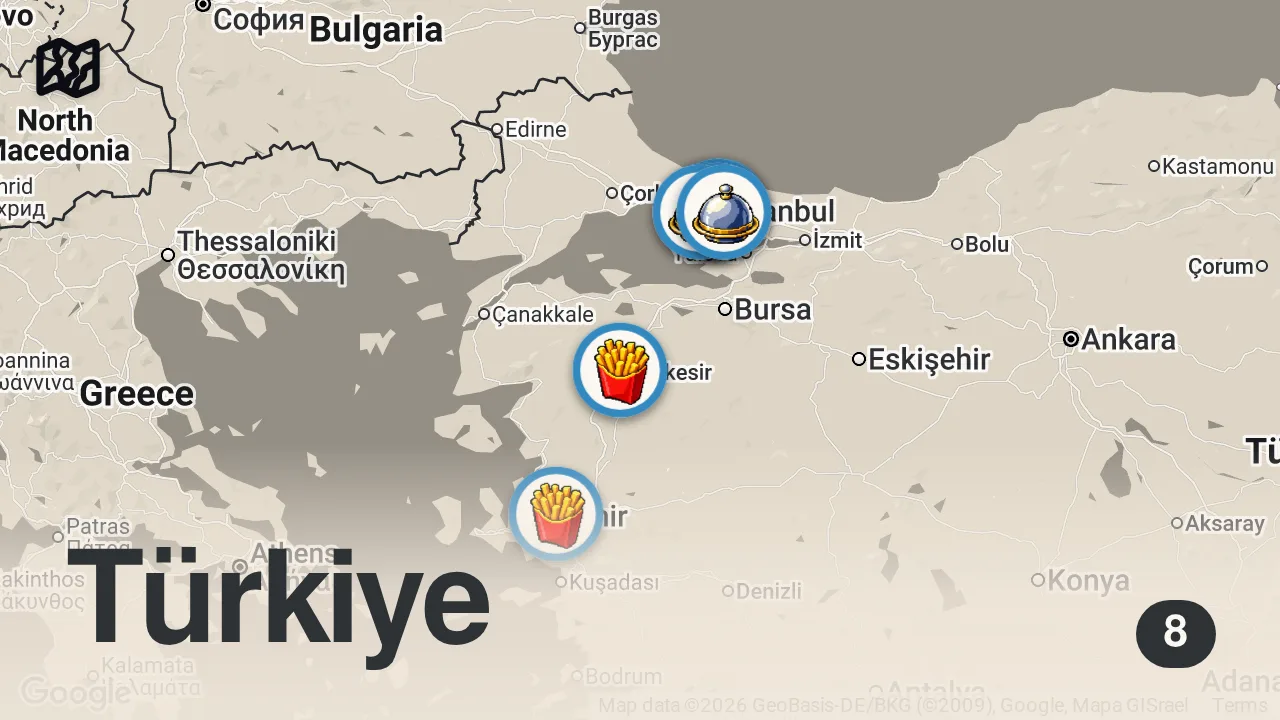Map of 8 spots from 12 KOKOREÇÇİ GEZDİM | KOKOREÇ DOSYASI