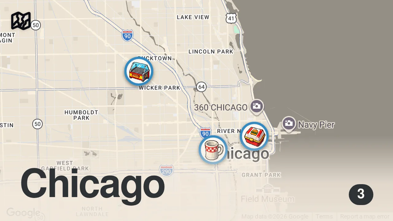 Map of 3 spots from America’s Best Burger 🍔 Chicago's Most Famous Double Cheeseburger!