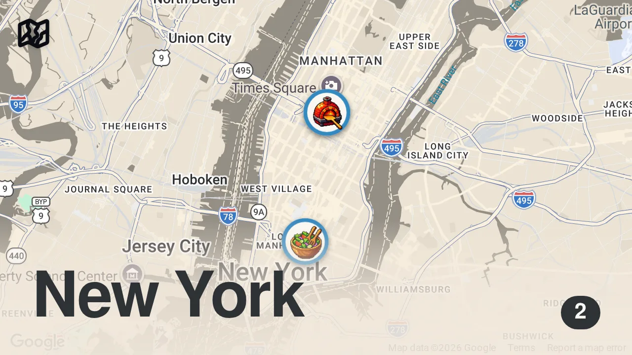 Map of 2 spots from Eating at random strangers least favorite RESTAURANTS IN NYC for a day #shorts
