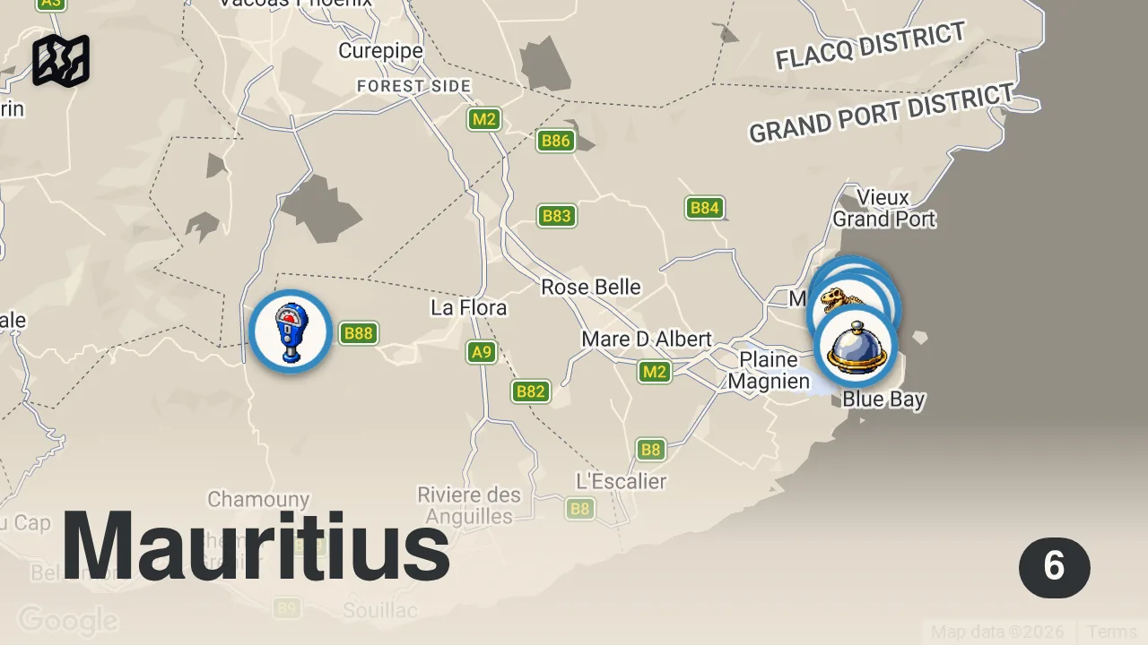 Map of 6 spots from First Time in Mauritius!! 🇲🇺 STREET FOOD TOUR in Mahébourg! | East Africa
