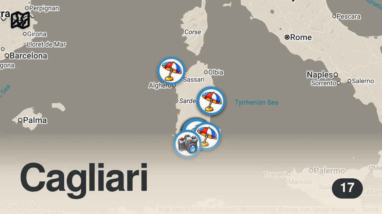 Map of 17 spots from Sardunya Adası Gezi Rehberi 🇮🇹 Cagliari | Gezilecek Yerler, Plajlar & Fiyatlar