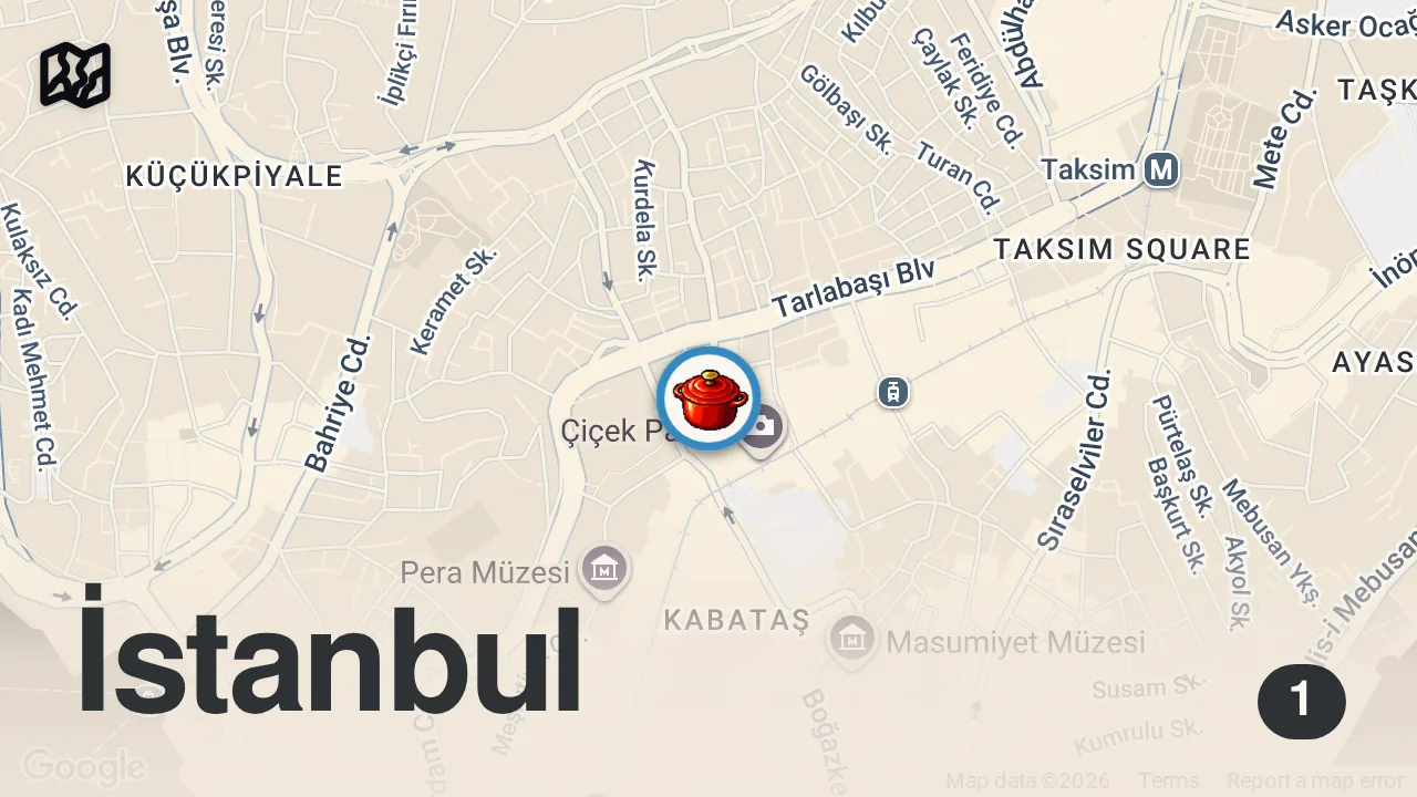 Map of 1 spot from Beyoğlu Balık Pazarı'nda başlangıçları ve pizzalarıyla öne çıkan iyi bir İtalyan restoranı.