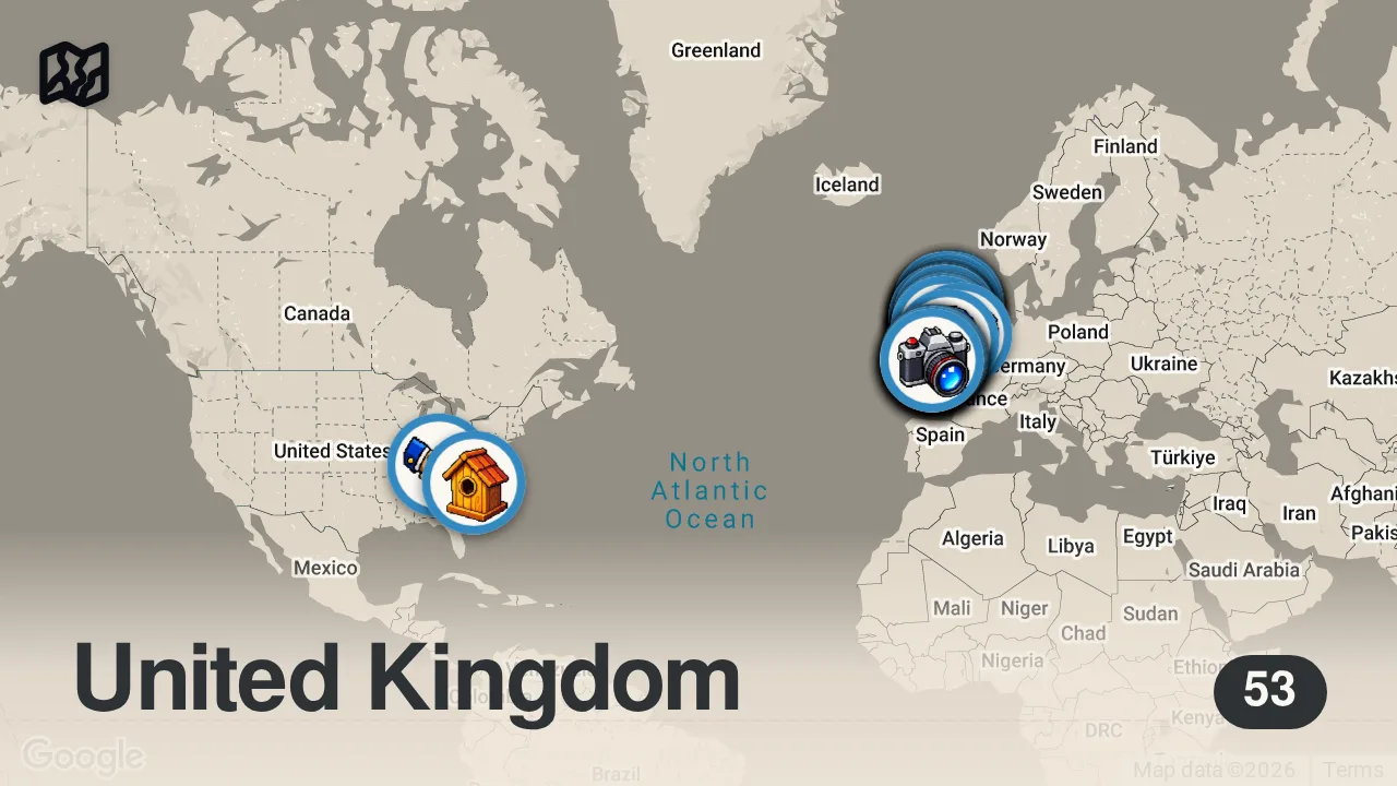 Map of 53 spots from 3 Hours Of Walking Around Historic Britain
