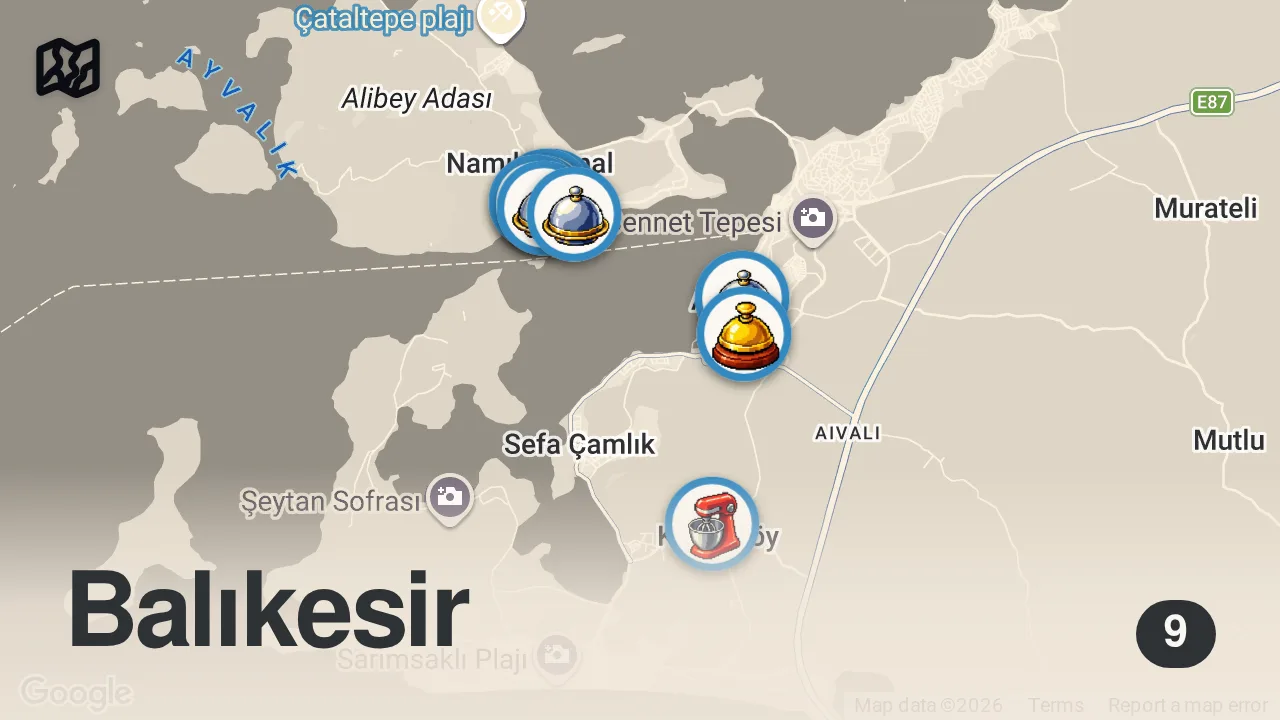 Map of 9 spots from AYVALIK, CUNDA, KÜÇÜKKÖY LEZZETLERİ (Kuzey Ege Gastronomi Rehberi 2) - Ayaküstü Lezzetler