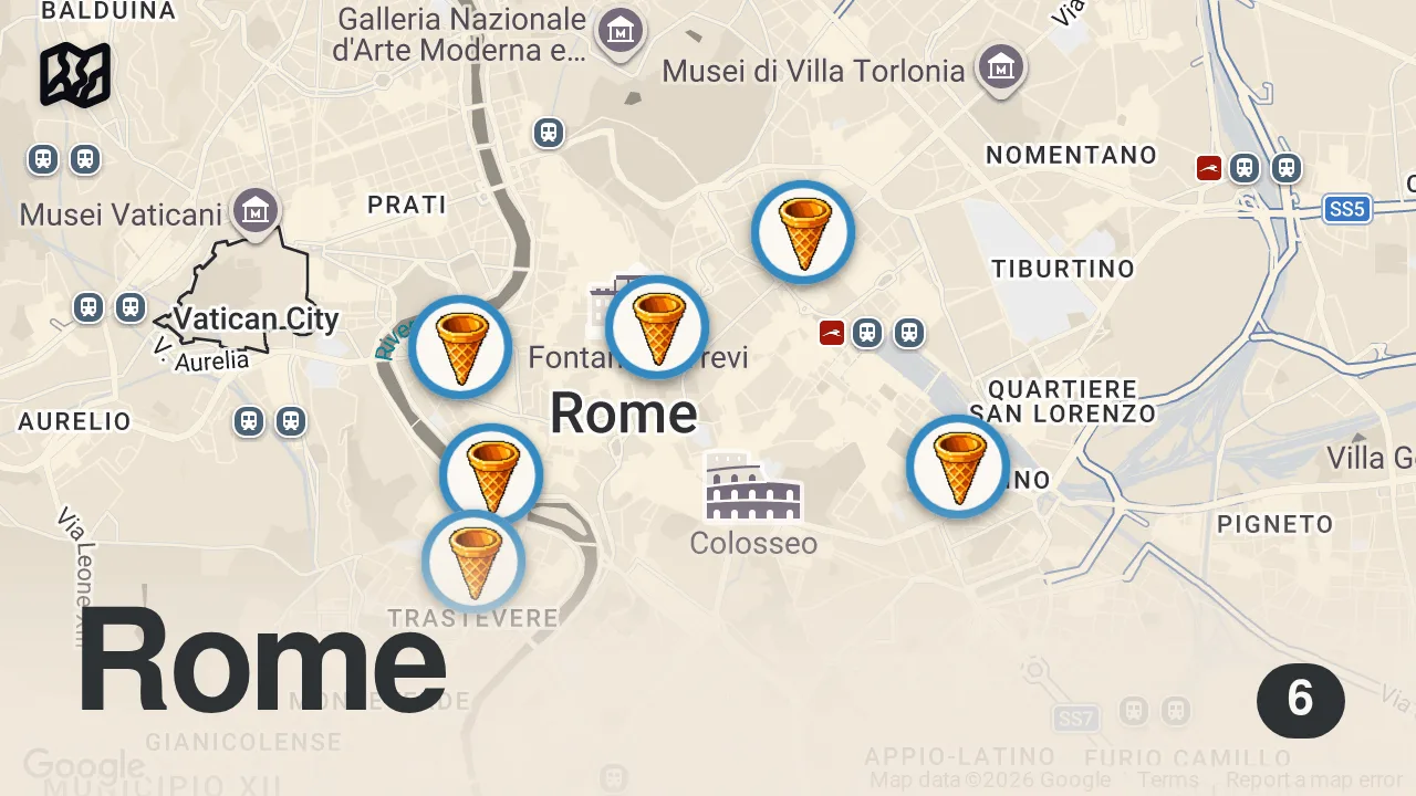 Map of 6 spots from Where to Eat the Best Gelato in Rome