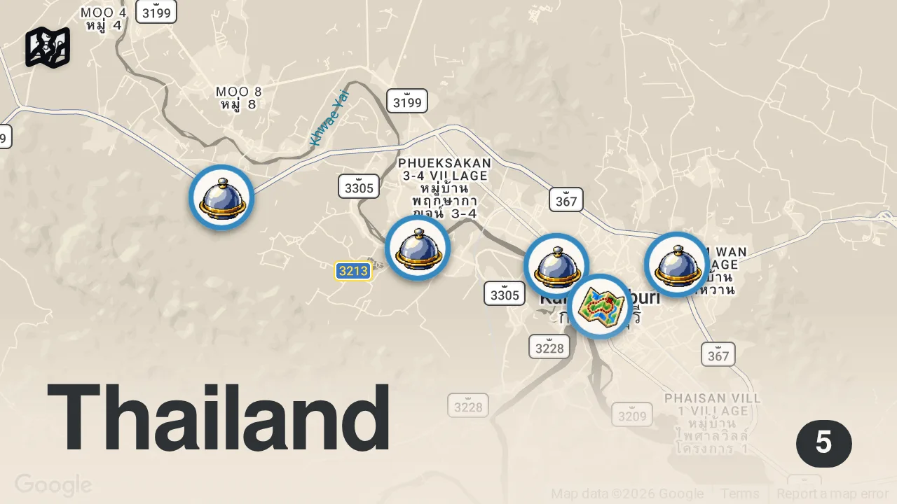 Map of 5 spots from Thai Street Food!! 🌶️ SPICY JUNGLE CURRY in Kanchanaburi - Thailand's Best Ever Food!!