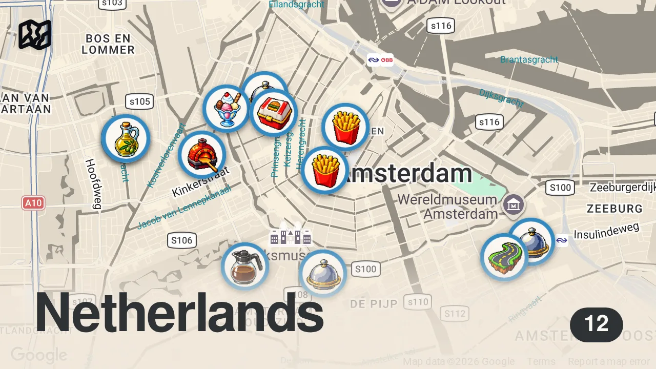 Map of 12 spots from AMSTERDAM FOOD GUIDE | Croissant, Pastrami, Smash Burger, Vegan Lasagna