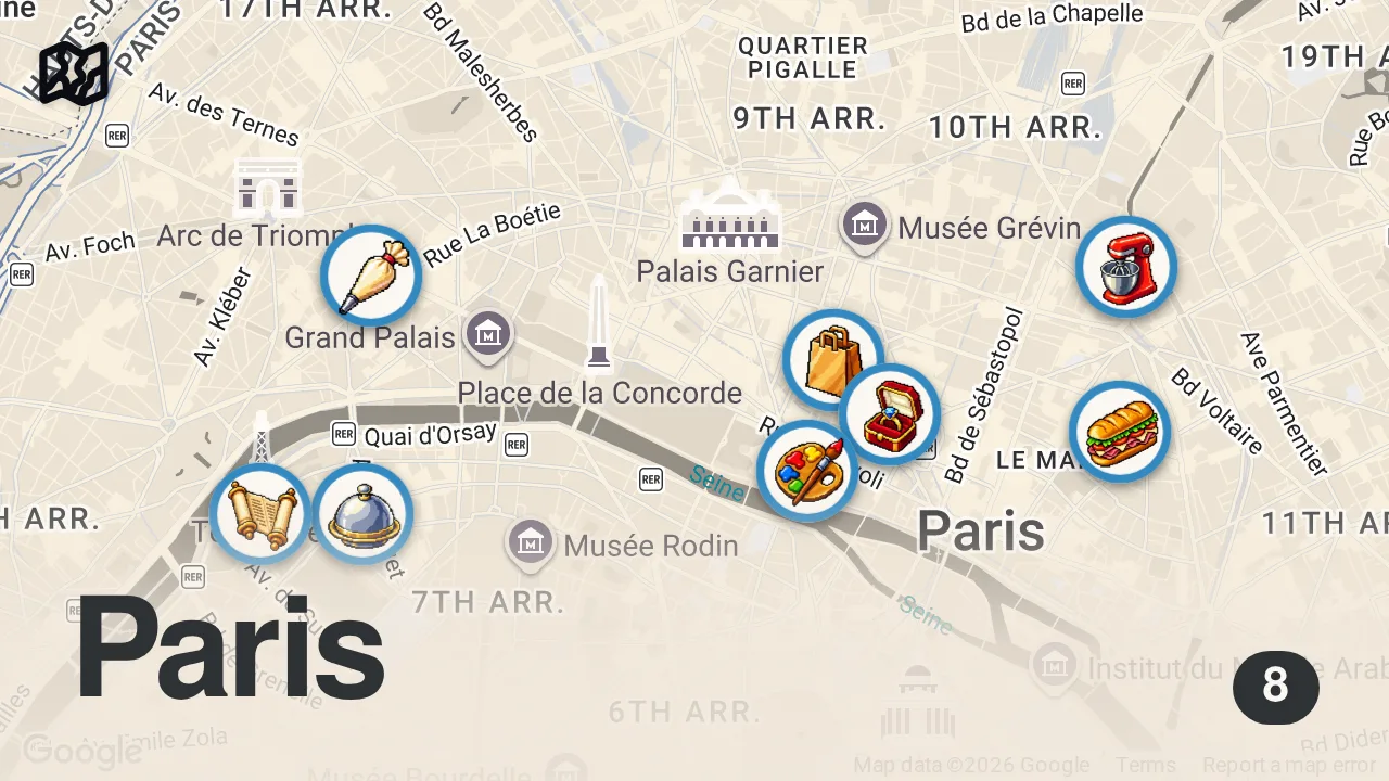 Map of 8 spots from 24 Hours of STREET FOODS in Paris, France 🇫🇷 Crêpes, Macaron, Jambon-Beurre & More!