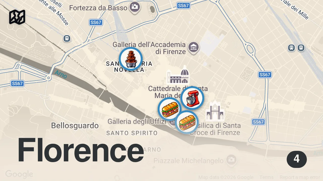 Map of 4 spots from Florence's SECRET Sandwich Hotspots! - Italian Street Food