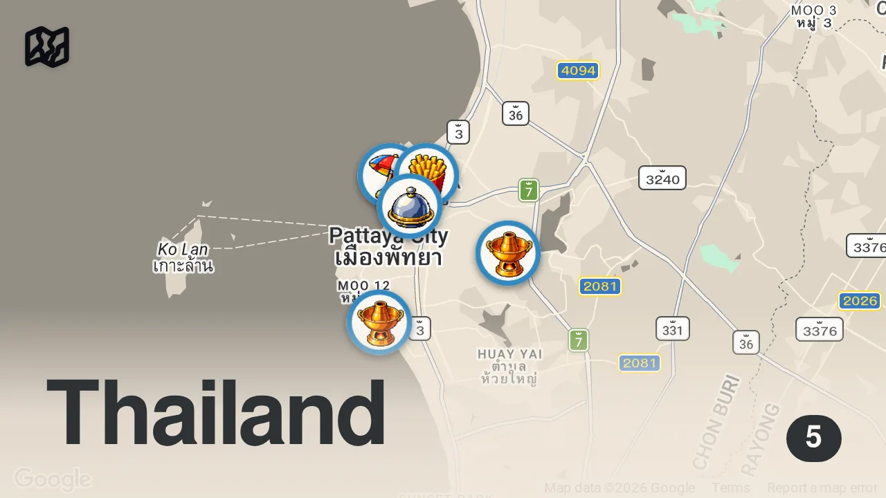 Map of 5 spots from Thai Street Food - 5 Must-Eat Spots in Pattaya, Thailand!!