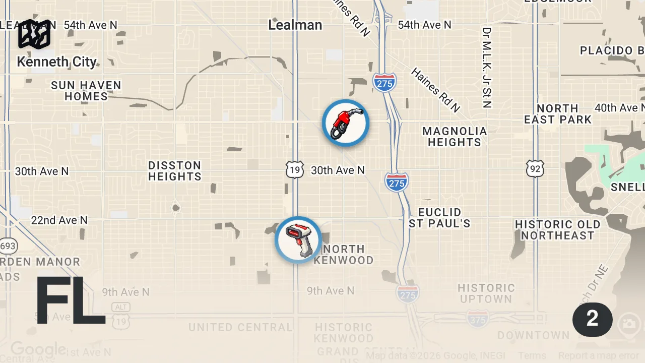 Map of 2 spots from Eating Gas Station Restaurants For 24 Hours... (Tampa / St Pete)