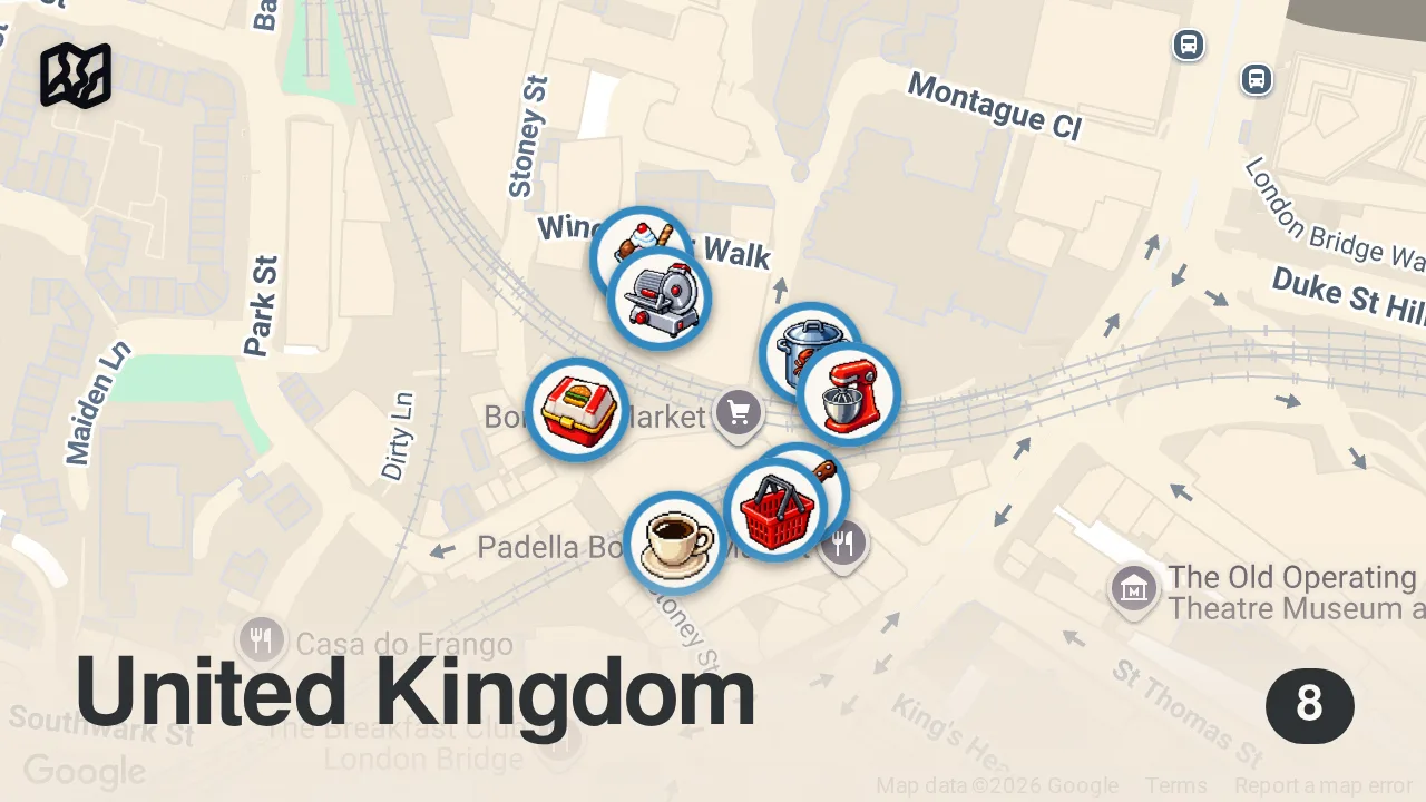 Map of 8 spots from $100 British Street Food Challenge!! London’s Borough Market!!