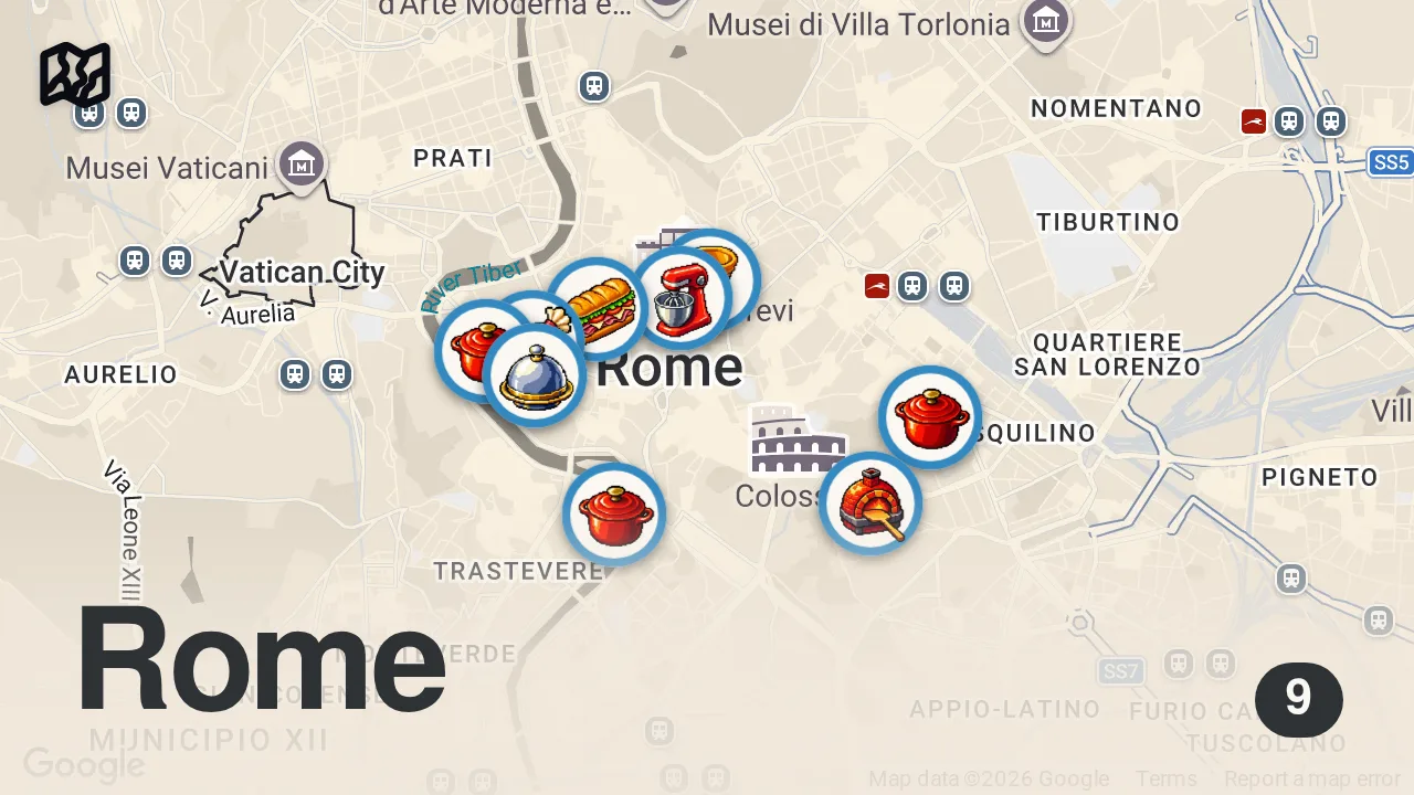Map of 9 spots from Everywhere I ate in 48 hrs in Rome! 🇮🇹