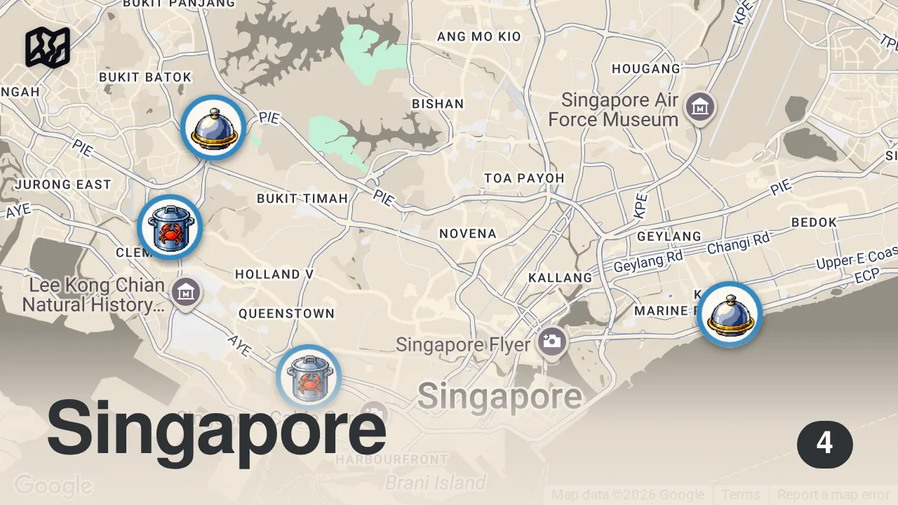 Map of 4 spots from Monster-Sized SINGAPORE CHILLI CRAB!! 🦀 Original + Best Chilli Crabs in Singapore!!