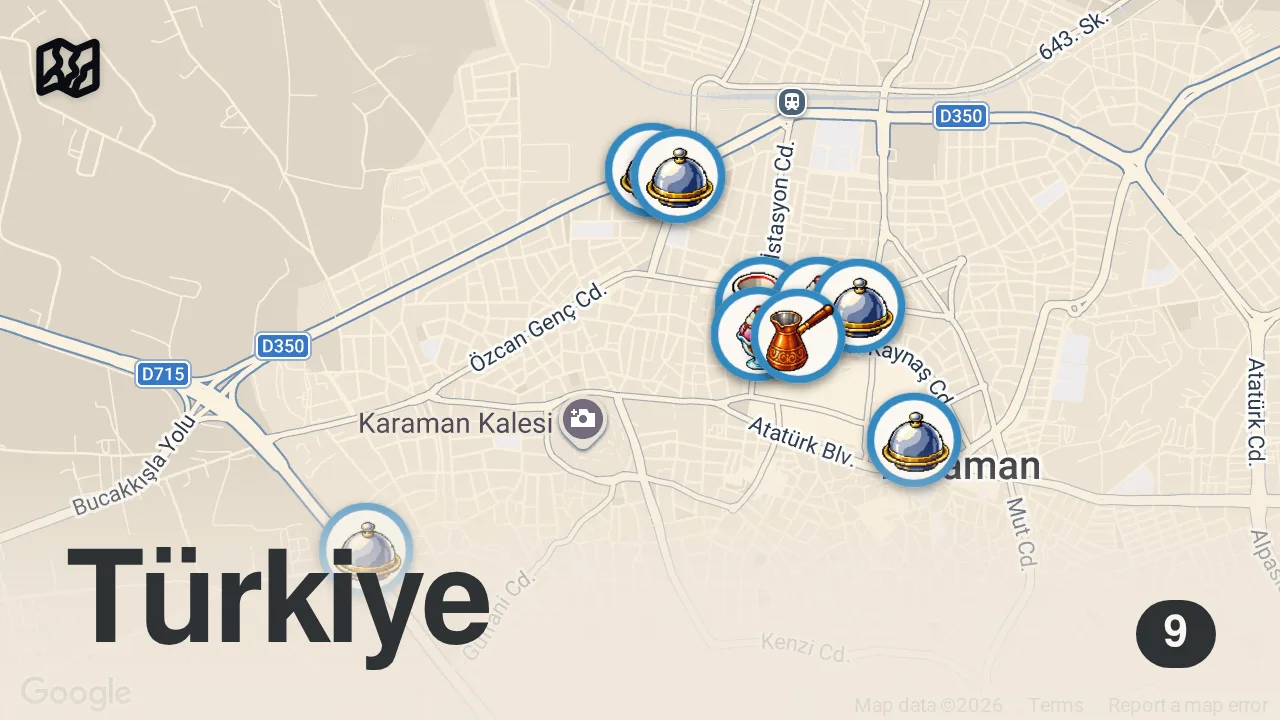 Map of 9 spots from KARAMAN’DA 1 GÜNDE NE YENİR!!! DÜNYALARI YEDİM!!!