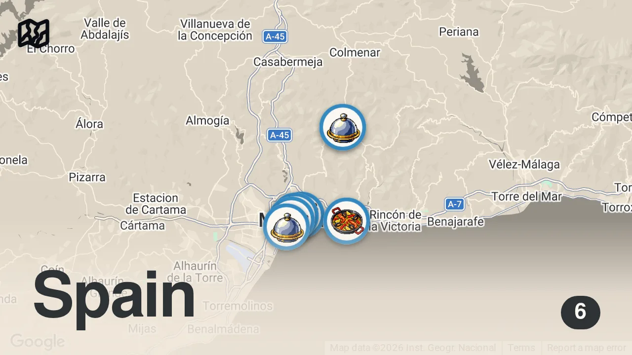 Map of 6 spots from 48 Hours Eating Malaga's BEST Food!