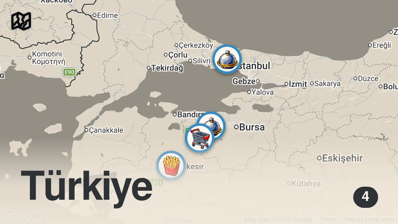 Map of 4 spots from İSTANBUL - BODRUM YOL ÜSTÜ LEZZET DURAKLARI (Kahvaltı, köfte, ciğer, kokoreç) - Ayaküstü Lezzetler