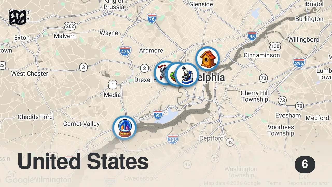 Map of 6 spots from The Black Sheep of Philly: Arnett Woodall of West Philly Produce