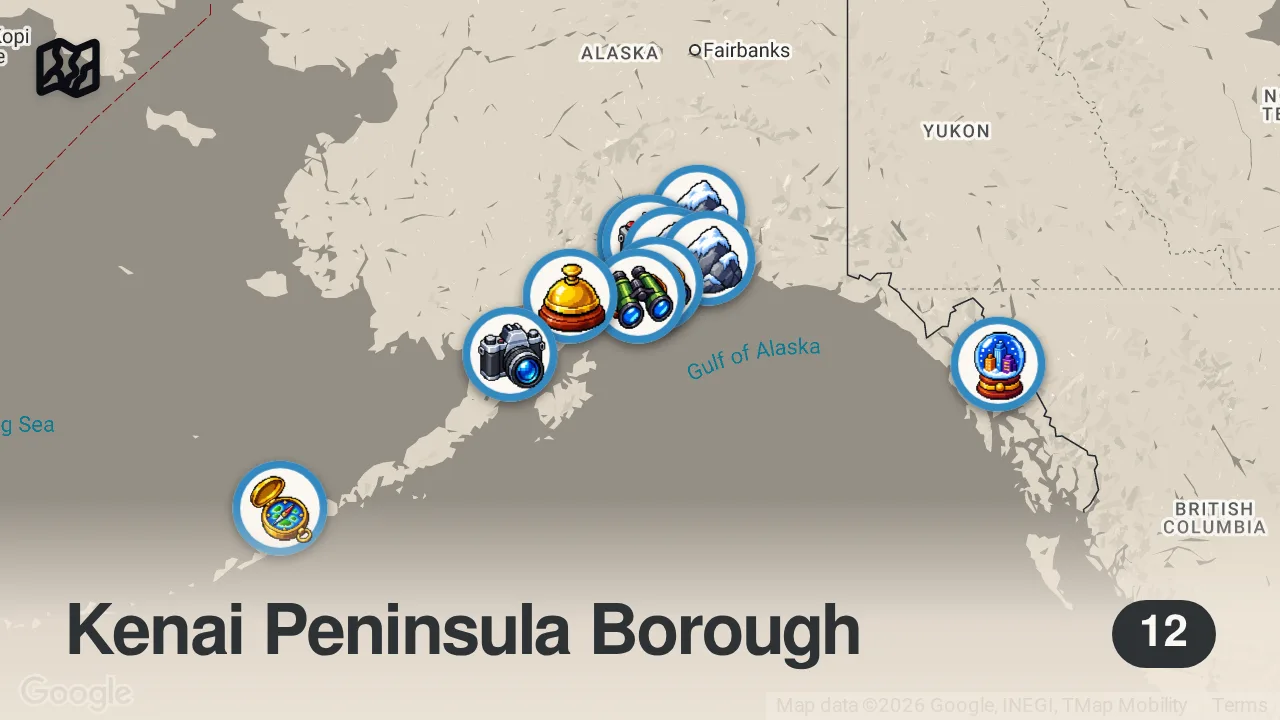 Map of 12 spots from Top 10 Places To Visit in Alaska - Travel Guide