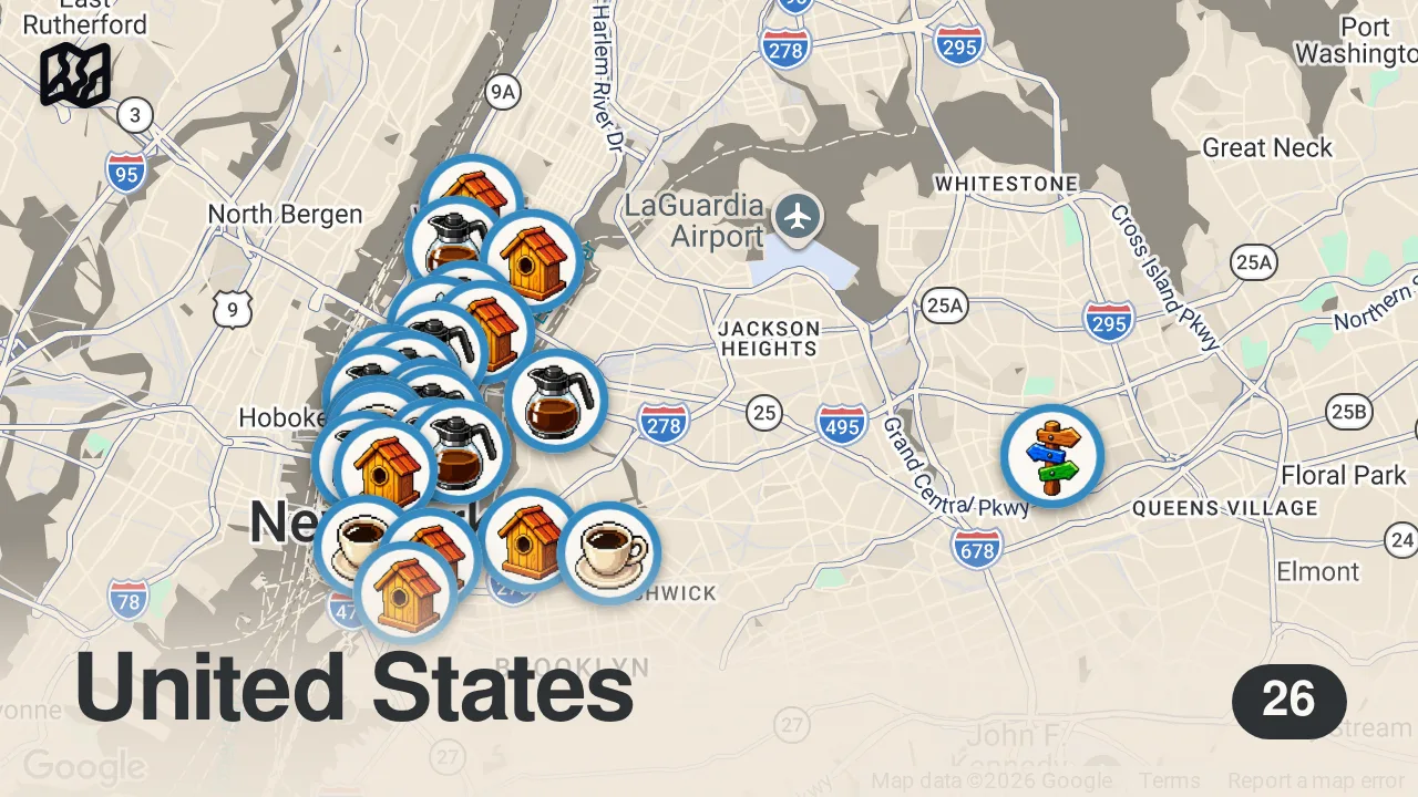 Map of 26 spots from The BEST Coffee in NYC: COMPLETE GUIDE