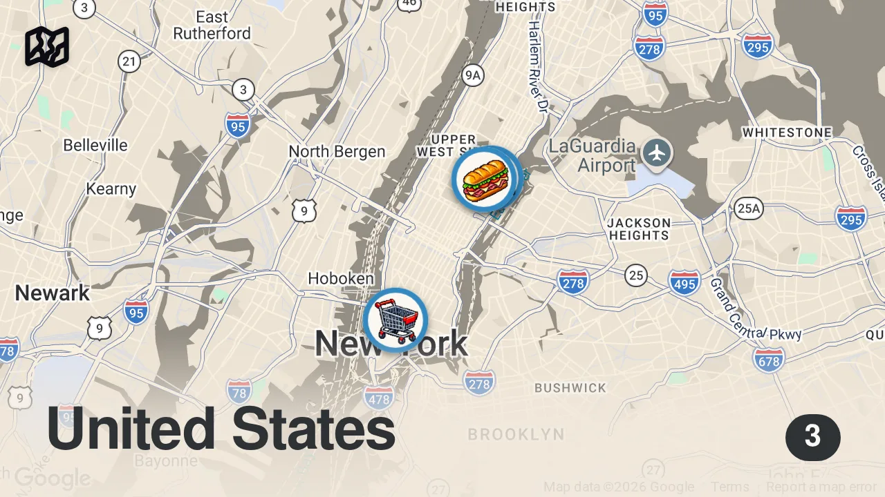 Map of 3 spots from I Tried New York’s Most Expensive Grocery Store
