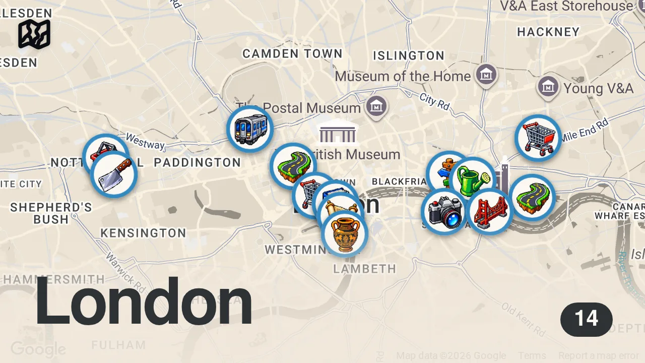 Map of 14 spots from Voici à quoi ressemble VRAIMENT la vie à LONDRES