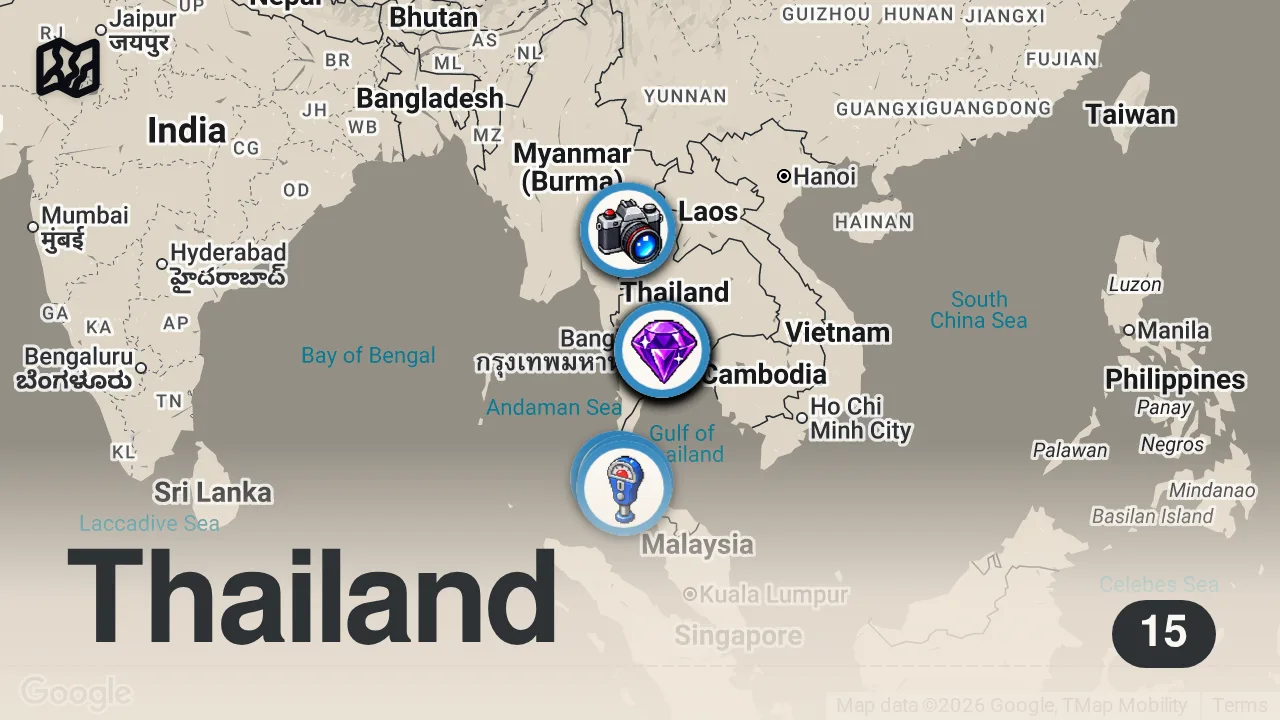 Map of 15 spots from Geheimes Thailand 🇹🇭 Die perfekte 7-Tage Route: Bangkok – Chiang Mai – Phuket/Krabi“