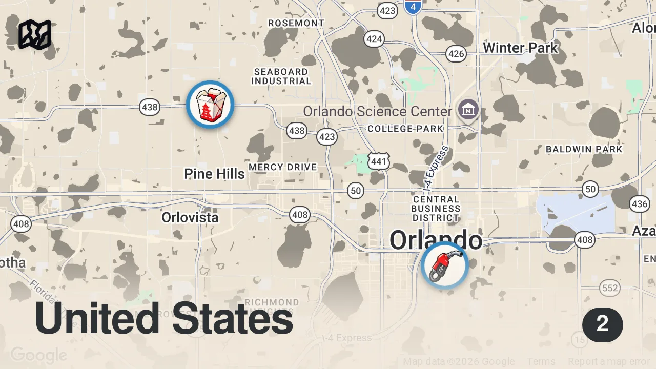 Map of 2 spots from Orlando's Hidden Haitian Food Gem inside a Gas station (Benita's Kitchen)