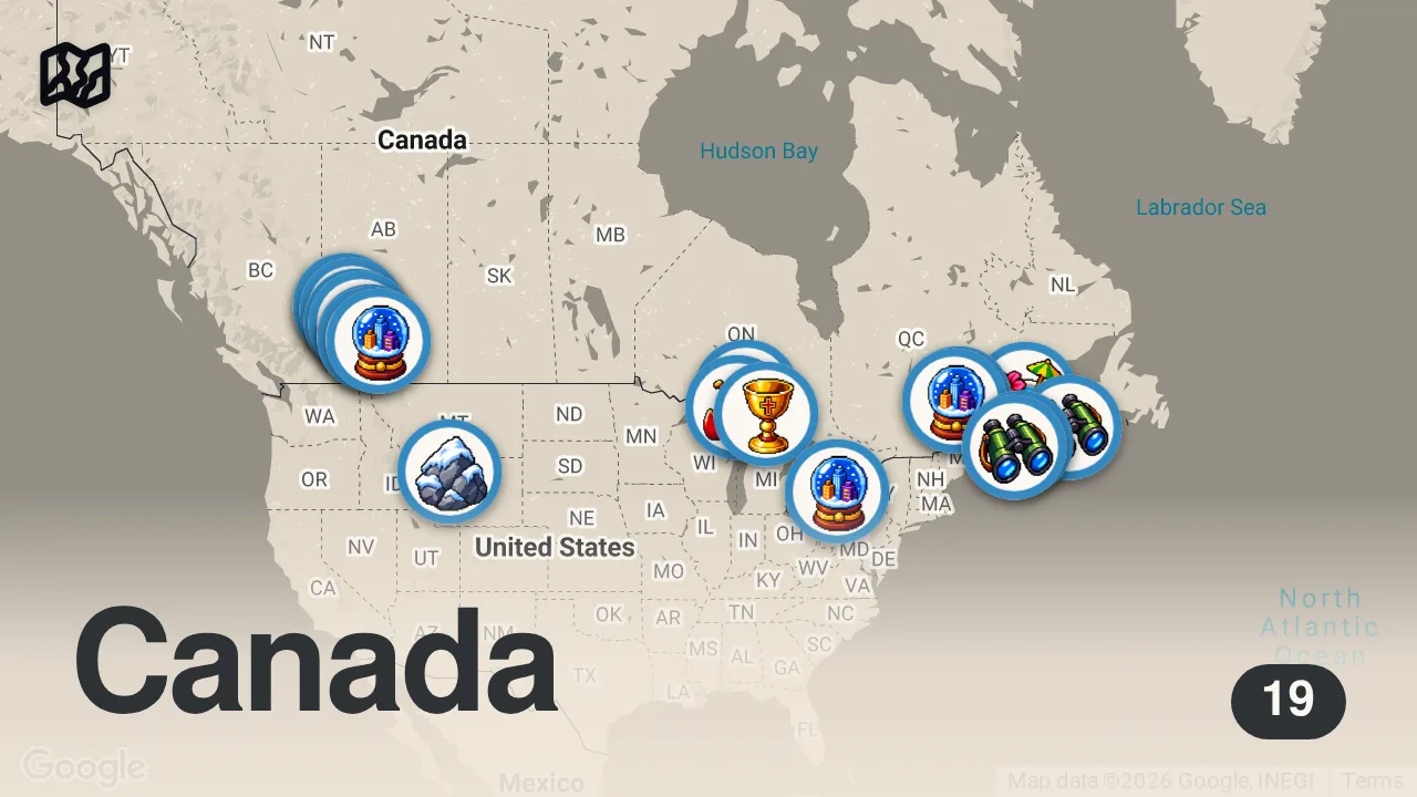 Map of 19 spots from Les 5 lieux incontournables d'un voyage au CANADA ! (nos conseils)