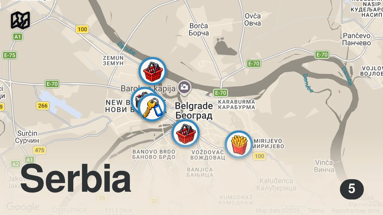 Map of 5 spots from I Got Kicked Out From Brutalist Serbia 🇷🇸