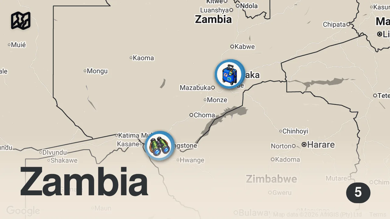 Map of 5 spots from Mind-Blowing Victoria Falls - The First Impressions Of Tourism Capital Of Zambia πΏπ² (Livingstone)
