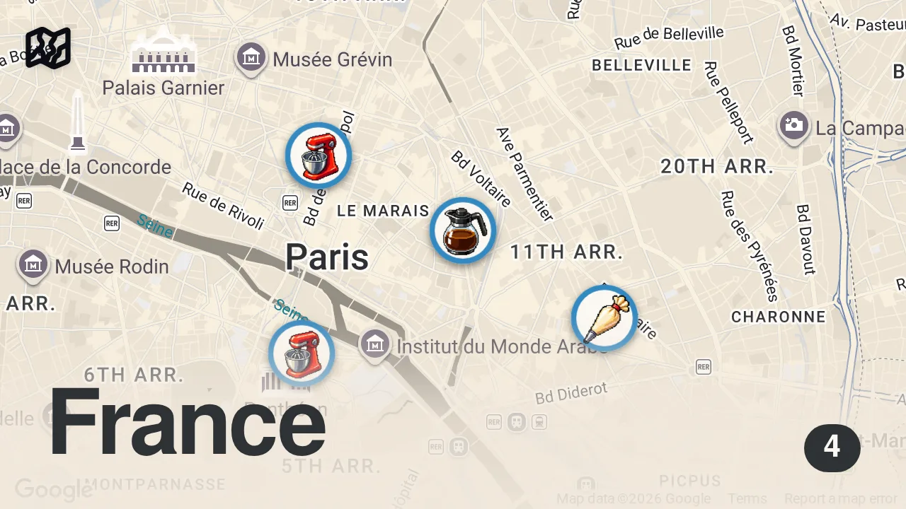 Map of 4 spots from Pastry crawl in PARIS! 🥐🍪🇫🇷